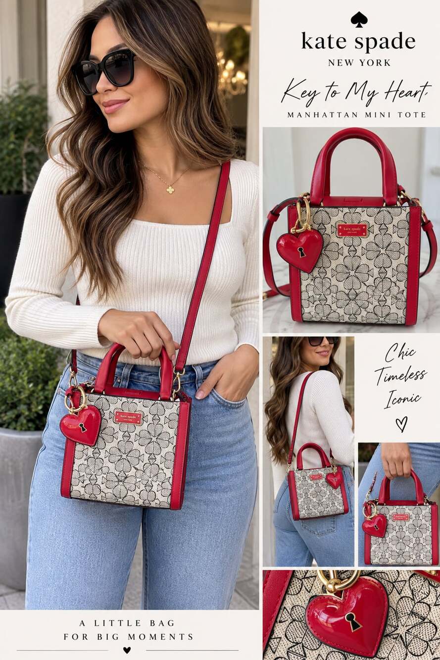 Kate Spade Manhattan Mini Heart Spade Flower Canvas Tote Bag Red New